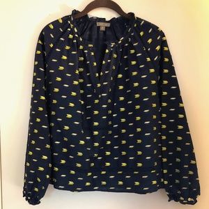 J. Crew Point Sur Navy Ruffle Metalic Clip Dot Top